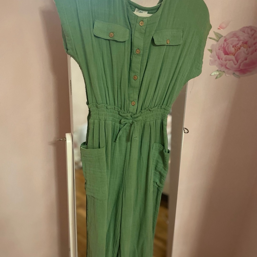 Green Button-Up Jumpsuit with Pockets